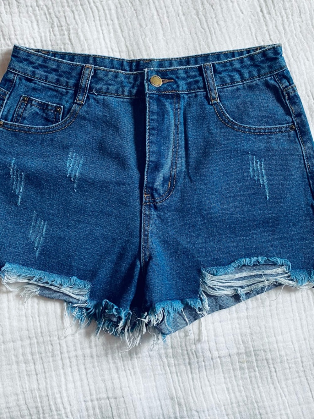 High-Rise Distressed Denim Shorts - Blue